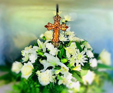 Peaceful Comfort Tin Cross Bouquet