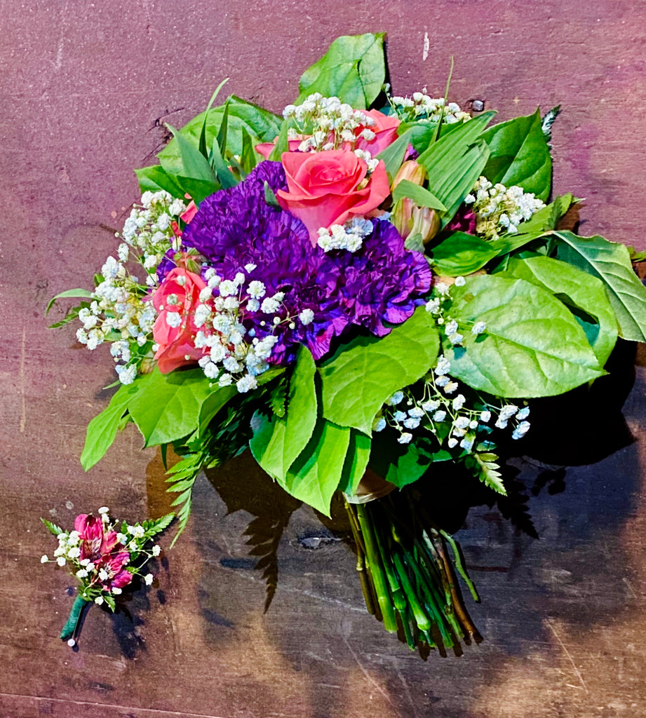 Pink, Purple, and White Bridal Bouquet With Boutonnière