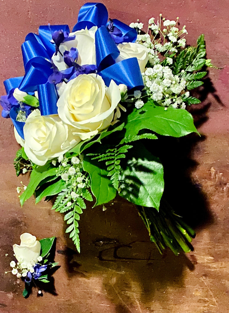 Blue and White Wedding Bouquet with Boutonnière