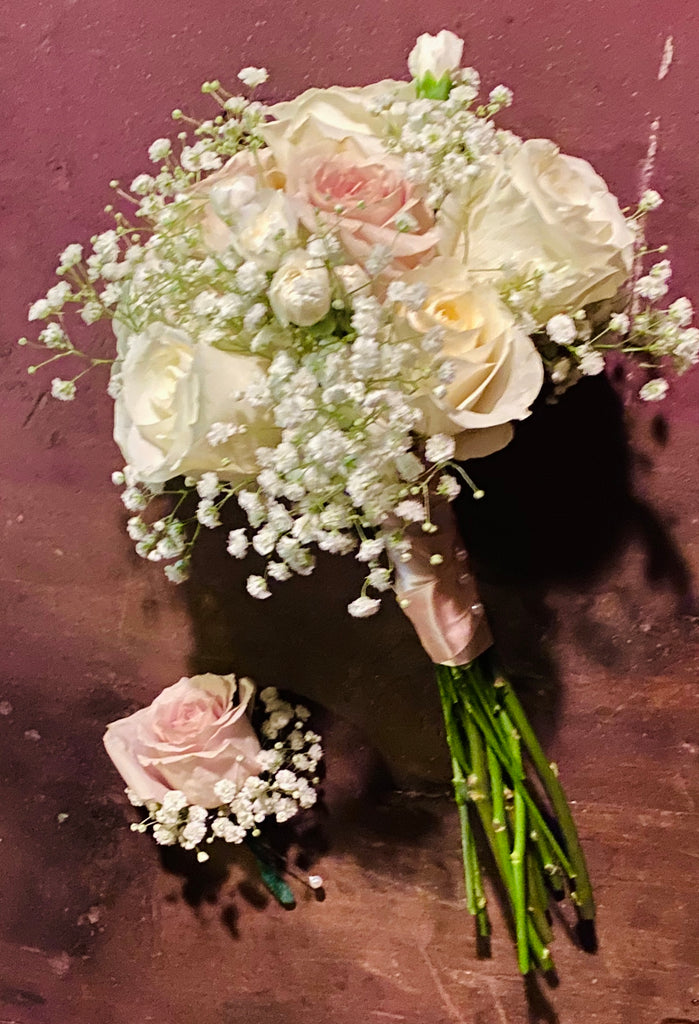 White and Taupe Wedding Bouquet with Boutonnière