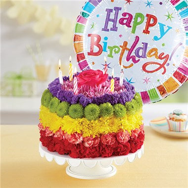 Somewhere Over The Rainbow Wishes Birthday Floral Cake with Balloon